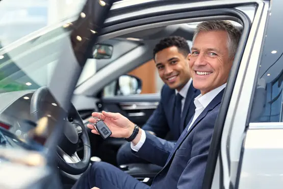 Deux hommes en costume dans une voiture, dont un tient des clés — illustration VTC : Haute-Garonne