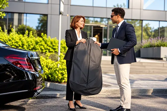 Deux personnes avec une housse à vêtements près d’une berline noire, illustration VTC en Haute-Marne