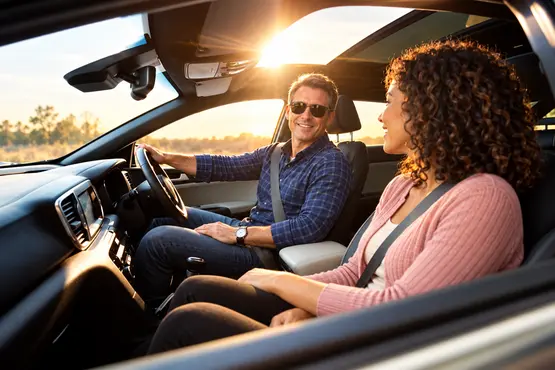Conducteur et passagère dans une voiture au coucher du soleil, illustration VTC dans le Nord