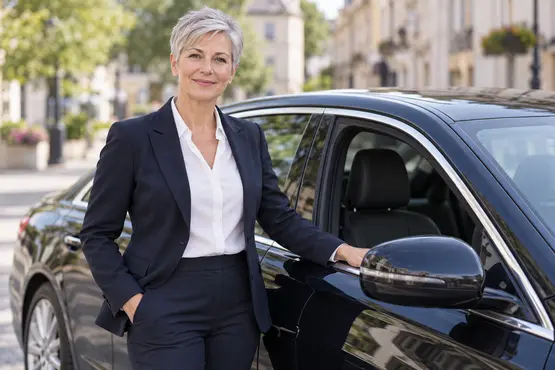 Chauffeuse en tenue professionnelle près d’une berline sombre, illustration VTC dans l’Yonne
