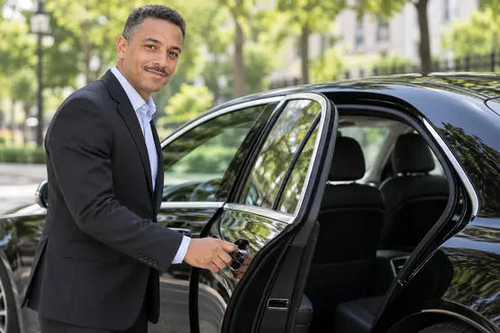 Chauffeur en tenue professionnelle ouvrant la portière d’une berline noire, illustration VTC dans le Territoire de Belfort