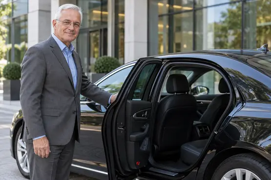 Chauffeur aux cheveux blancs ouvrant la portière d’une berline noire, illustration VTC dans le Val-d’Oise